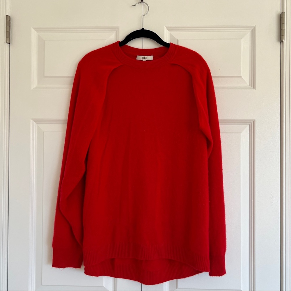 Tibi Red Feather Weight Cashmere Open Sleeve Cocoon Sweater